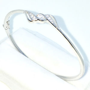 Silver Oval Bangle Bracelets curly white round CZ